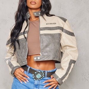 Prettylittlething Cropped Faux Leather Racer Jacket